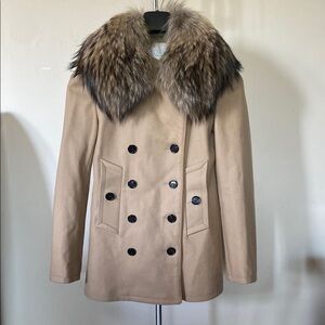 Adam by Adam Lippes Camel Pea Coat with Fox Fur Collar